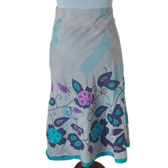 Monsoon Embroidered Skirt UK Size 16 Applique Beige Purple Blue A-line Lined - Picture 4 of 8